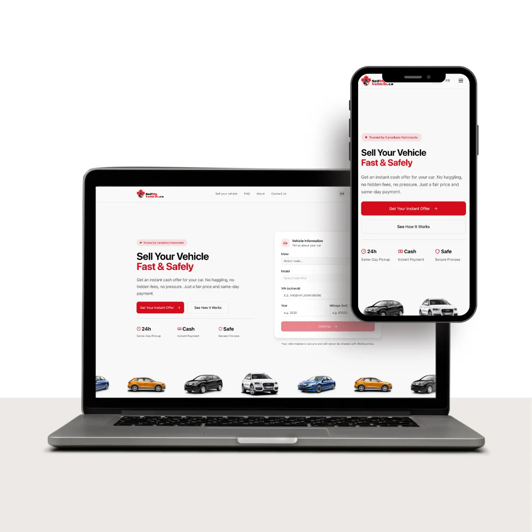 Sell My Vehicle — Quote website + staff CRM that runs a Montreal car-buying business: 22-state pipeline, instant pricing engine, tokenized e-sign flows, lien & receivables desks, accounting.