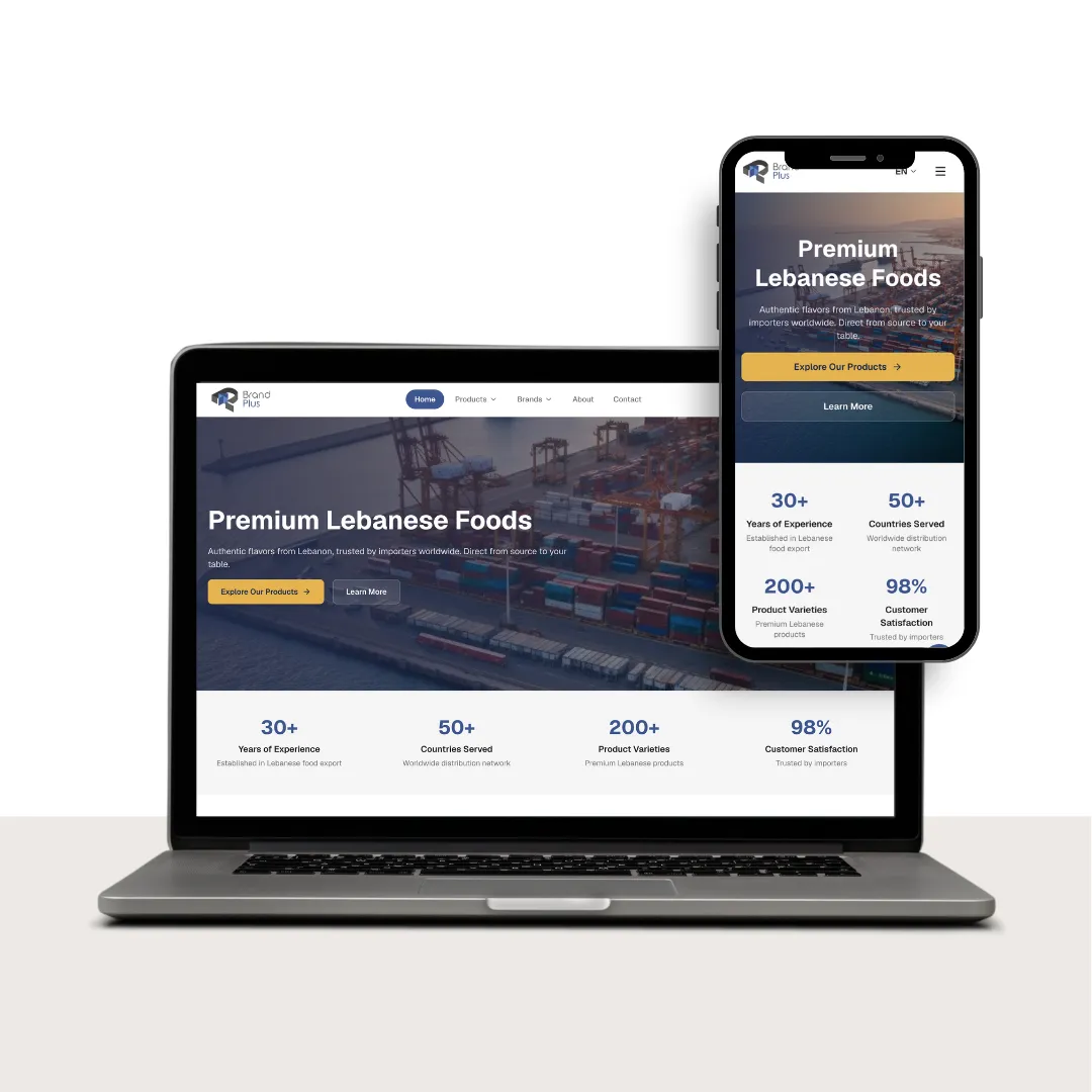 BrandPlus — Trilingual (EN/FR/AR) B2B catalogue and order-request platform with a one-click PDF catalogue builder, for a Lebanese food exporter.