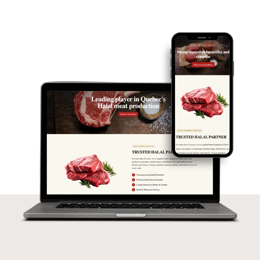 Viandes Metropolitain — Bilingual storefront + 50-screen staff ERP running a halal-meat plant from order to delivery, invoiced through Sage 50.